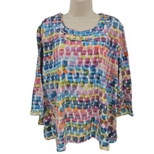 Alfred Dunner Shirt Women 3X Abstract Print Beaded Neck Tunic Top Grandma Mom